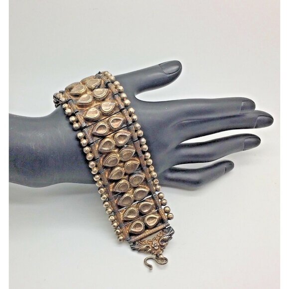Antique   Silver Panel Bracelet   Ornate Wide Link   Beaded Edge Tear Drop 7 “ - Picture 1 of 8
